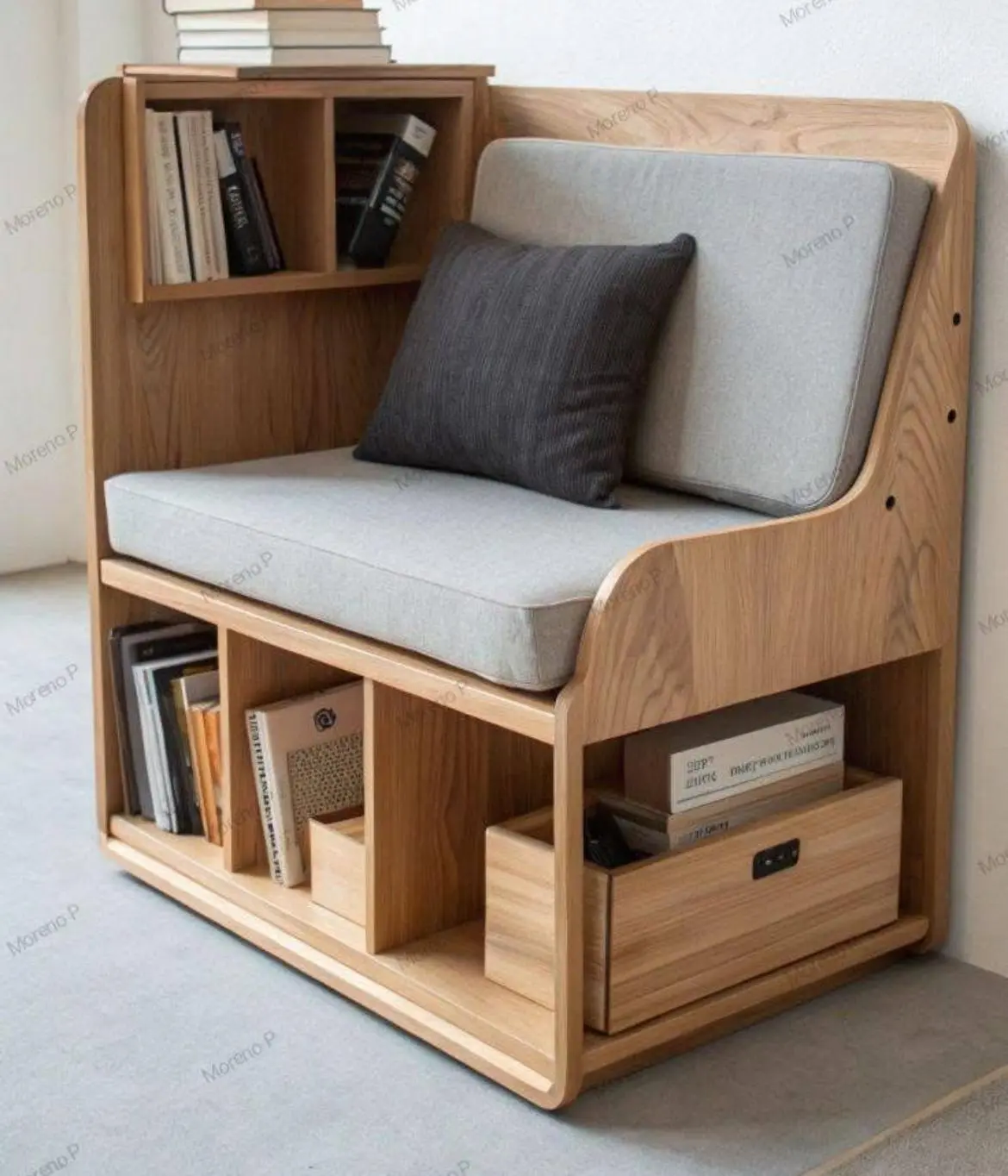 Seduta in legno con libreria integrata